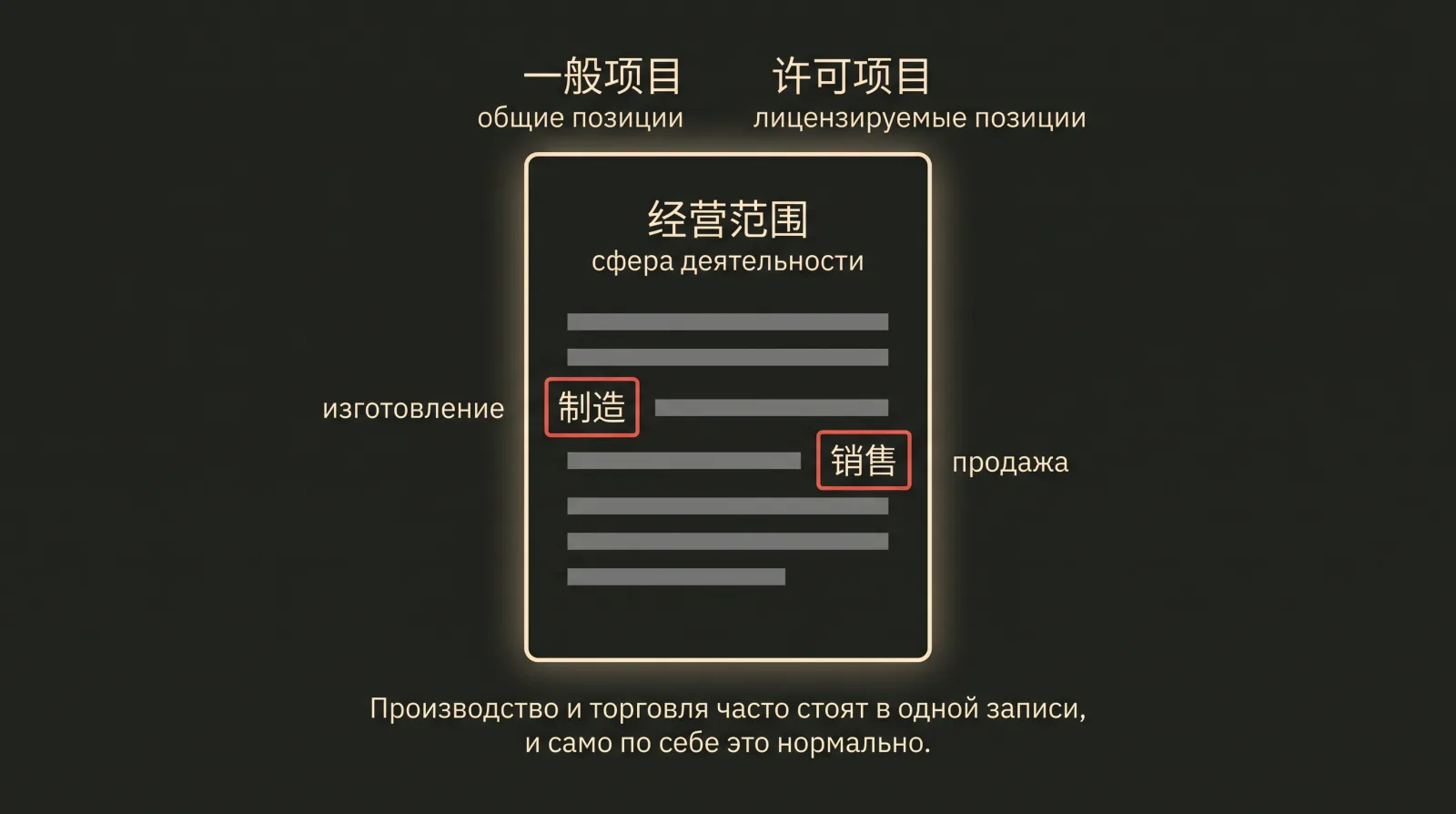 Условная схема записи о сфере деятельности: слова об изготовлении и о продаже выделены внутри одного поля.