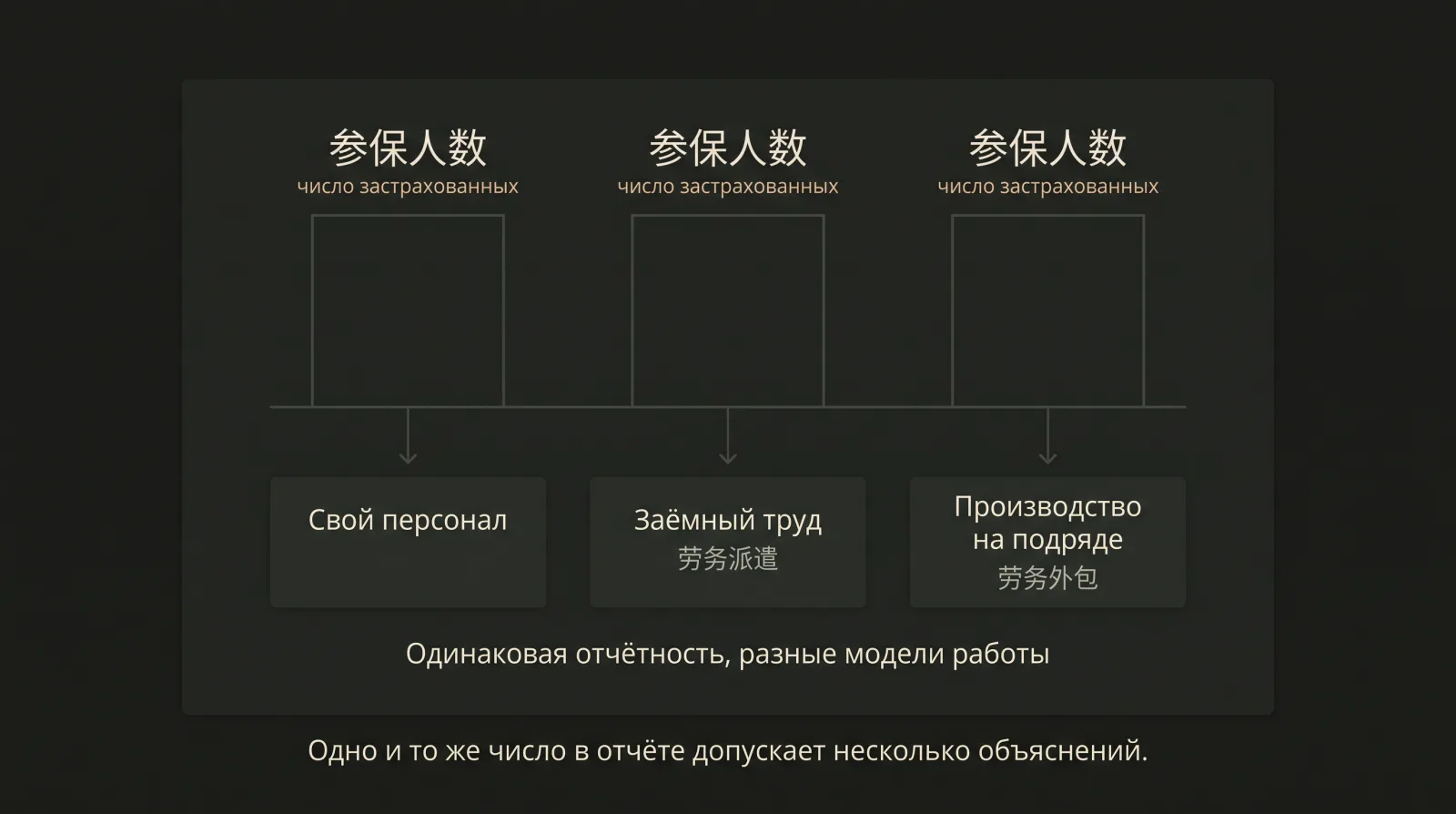 Три одинаковых столбца числа застрахованных сотрудников ведут к трём разным моделям работы.