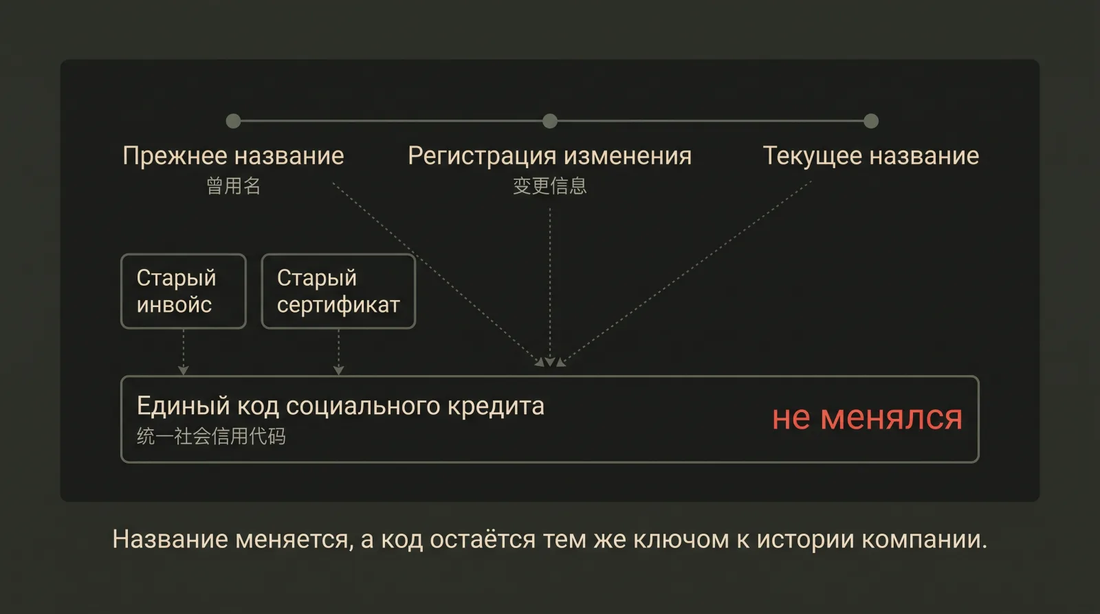 Таймлайн смены названия компании, где старые документы и все точки связаны с одним и тем же кодом.