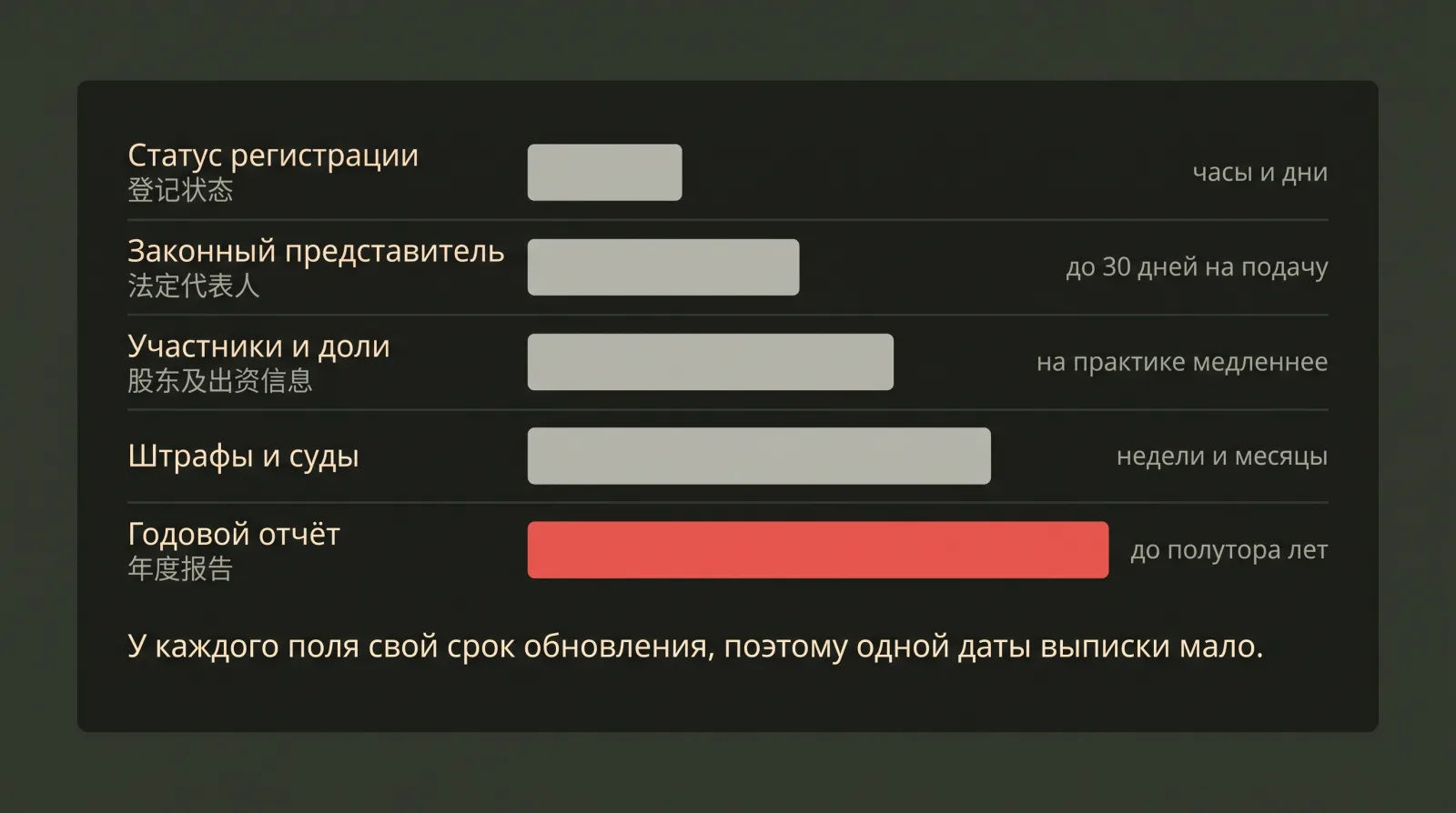 Пять полос разной длины показывают, с какой задержкой обновляются разные поля записи в реестре.